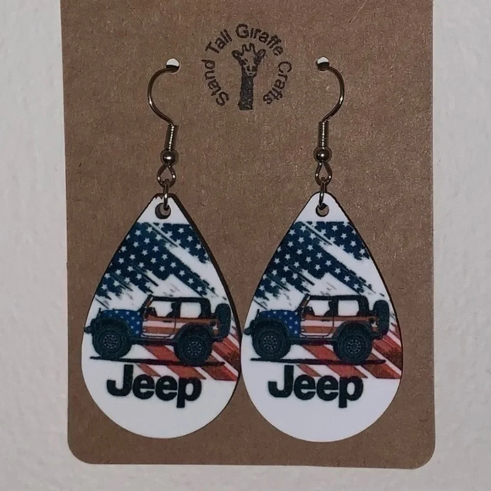 Jeep American flag wood tear drop earrings new